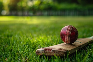 A cricket ball sits atop an aged wooden cricket bat, placed on the lush green grass of a cricket ground.