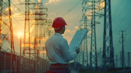 Fototapeta premium Engineer with red hard hat studying blueprints amid electrical infrastructure