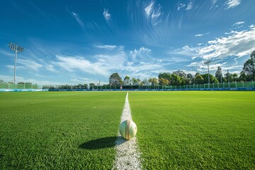 A competitive game of cricket being played on a vibrant, well-maintained field.