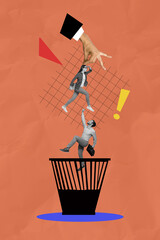 Vertical collage image young employees colleagues man woman human hand boss authority manipulation take pick checkered background