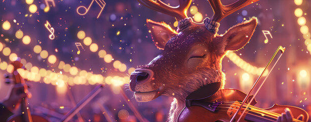 A cute charismatic closeup of an elk performing a violin solo, with notes floating around as cyberpunk 80s style holograms, in a concert hall with a softfocus audience background