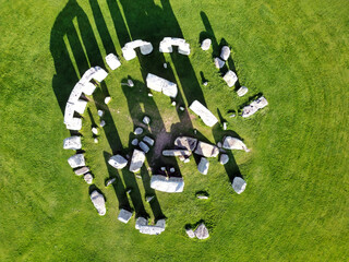 Drone view of Stonehenge and Wiltshire Countryside in England, UK. The stone circle dates to 3000 BC and is one of the best known ancient wonders of the world and UNESCO World Heritage Site.