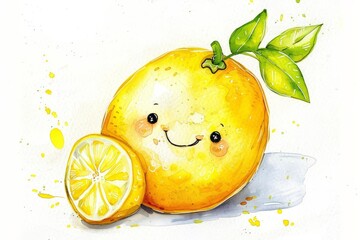 A kawaii watercolor of a Lemon, its cute face adding a whimsical touch to the sour fruit, pops against a clean, white background
