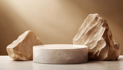 Stone podium for display product. Background for cosmetic product branding, identity and packaging