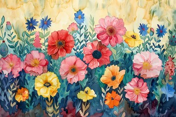 Watercolor painting of a colorful floral display on a festive backdrop, perfect for holiday cards and cheerful decor