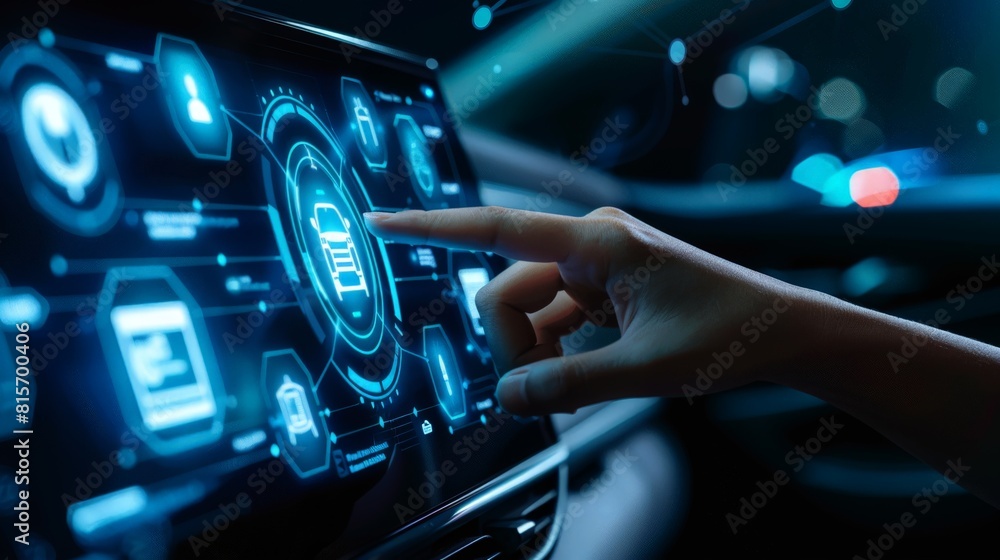 Poster hand pointing at smart car's console with digital icons emerging from the screen