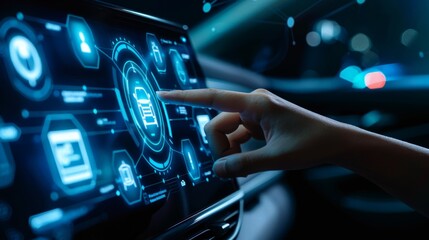Hand pointing at smart car's console with digital icons emerging from the screen