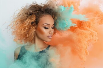 Watercolor of a woman using an aerosol can, a cloud of light orange and teal powders swirling around, ideal for vibrant stock photos