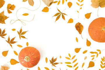 Autumnal fall leaves and pumpkins on white background. Thanksgiving day concept. Flat lay, top view