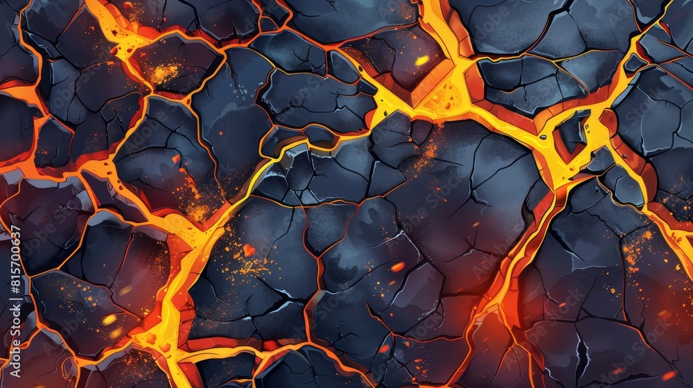 Poster a top view of liquid hot lava running in cracks in the ground. rock textures of volcanic eruptions w