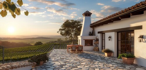 A white Mediterranean villa with terracotta roof tiles, overlooking a vineyard, with an elegant stone patio and a wood-fired oven, the setting sun casting long shadows over the tranquil scene.  - Powered by Adobe