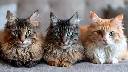 Trio of Playful and Curious Domestic Cats in Cozy Studio Setting