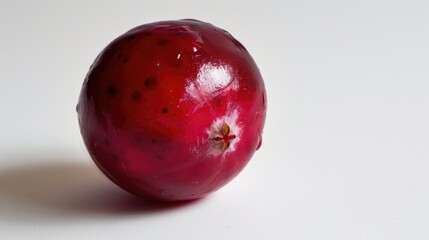 Close up of a single cranberry on a white background