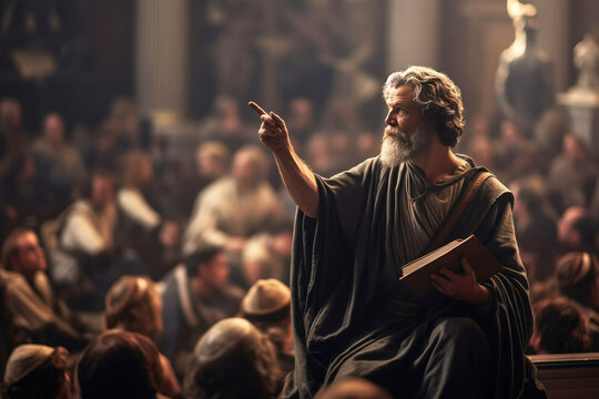 Ancient Greek philosopher teacher, historical figure surrounded by students at a lecture. AI generated.
