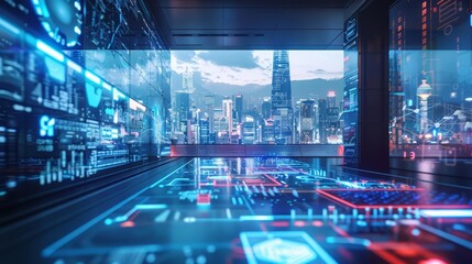 Fototapeta premium An interface depicted as a series of interconnected holographic touchpoints, floating in a clean look space with a futuristic city skyline barely visible in the background