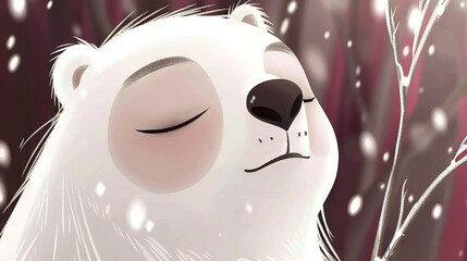   A photo of a polar bear with its eyes closed in front of a snow-covered tree as snowflakes fall around it