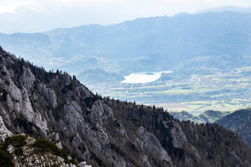 Begunjščica panorama of mountain trekking to the highest peak. View of the Alps, climbing with...