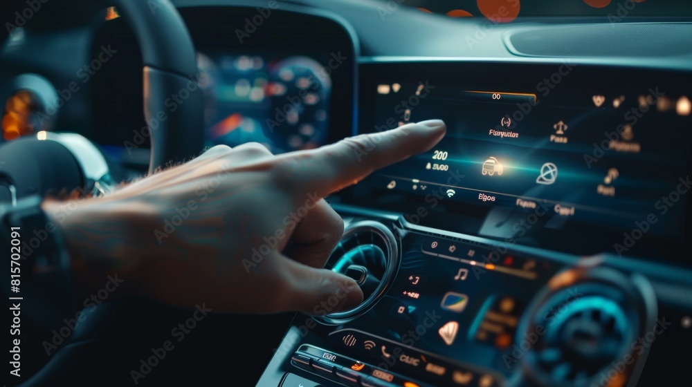 Poster smart car interface with finger pointing, showcasing iot connectivity and control options