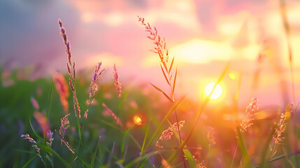 summer sunset with waving wild grass in sunlight background.generative ai