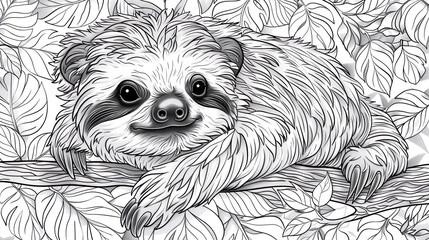 Naklejka premium children's coloring book. Cute cartoon sloth on a tree