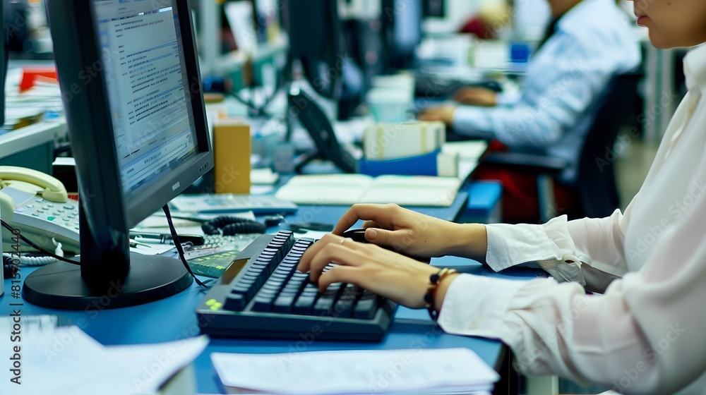 Poster a worker in a busy office typing on a computer