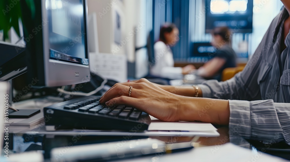 Poster a worker in a busy office typing on a computer