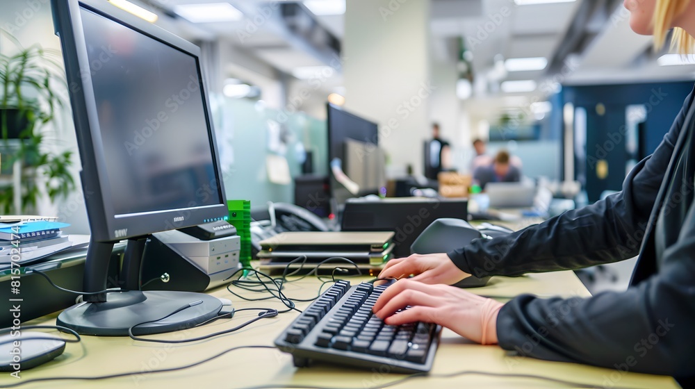 Poster a worker in a busy office typing on a computer