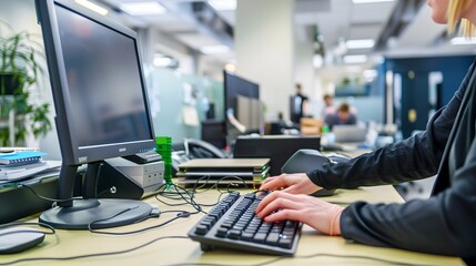 A worker in a busy office typing on a computer