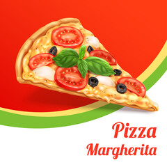 A slice of Margarita pizza on a bright background. Advertising poster