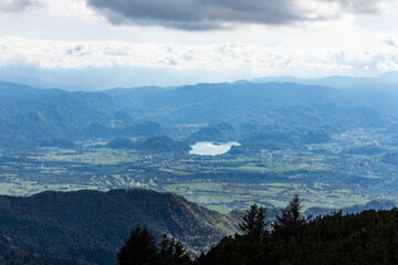 Begunjščica panorama of mountain trekking to the highest peak. View of the Alps, climbing with...