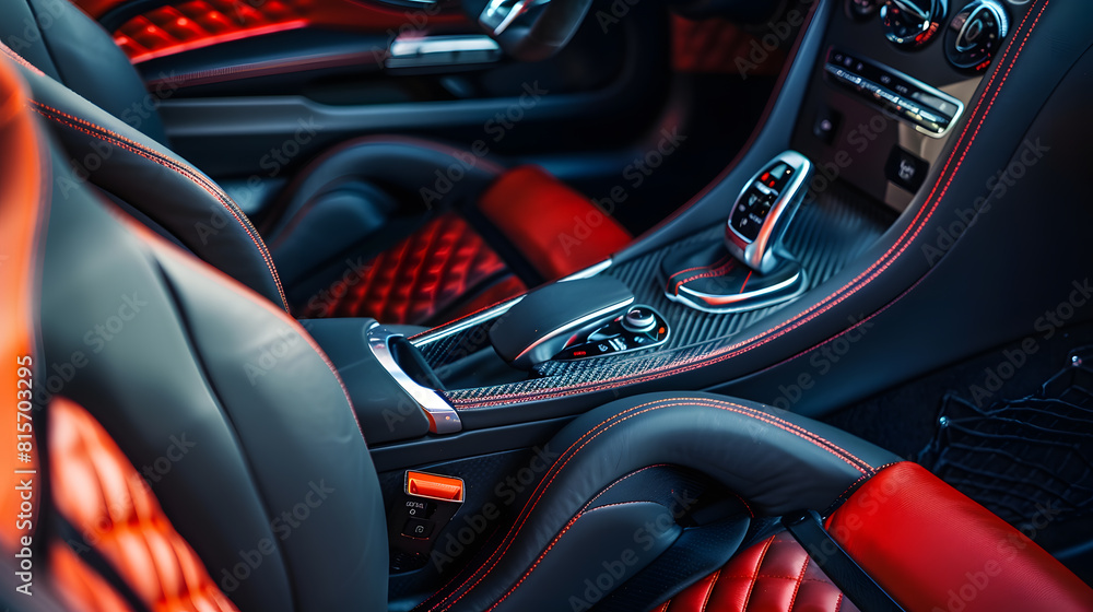 Poster high angle view of luxury sport car front passenger seat and detail high end fabric and stitch textu