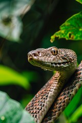 Obraz premium Majestic Snake in Lush Green Foliage with Water Droplets