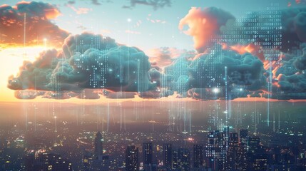 Obraz premium Cloud computing visualized through a surreal scene of clouds made of binary code raining data onto a cityscape, highlighting connectivity and storage possibilities
