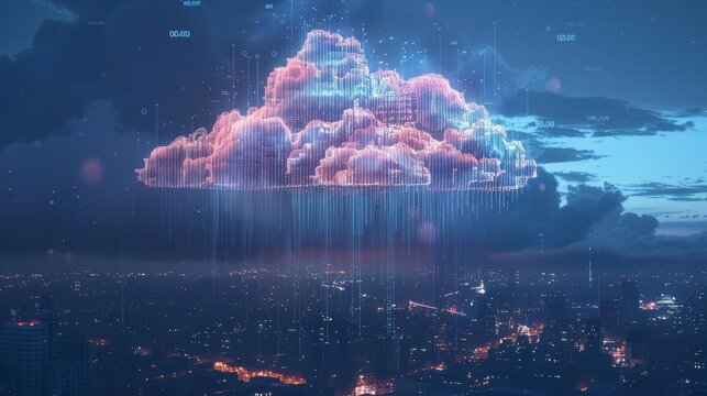 Cloud computing visualized through a surreal scene of clouds made of binary code raining data onto a cityscape, highlighting connectivity and storage possibilities
