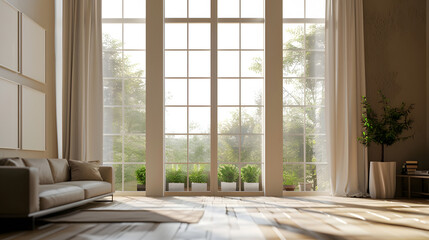 Fototapeta premium living room with big window and brown wall interior : Generative AI