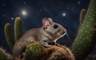 Bushy-tailed woodrat perched atop a cactus under a starry sky