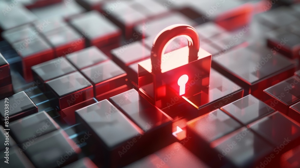 Poster 3d rendering, secure warning, personal data protection concept with red padlock and field with incom