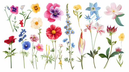 summer flowers purple, white, orange and pink on white background,generative Ai