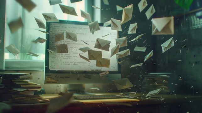 Countless paper envelopes flutter into the digital realm of the computer monitor