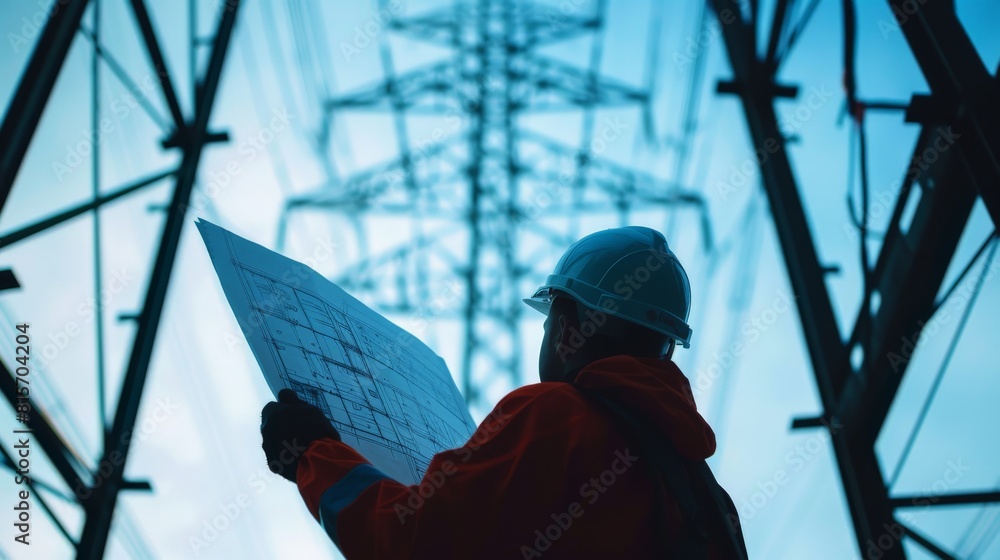 Poster worker in safety helmet and blueprint beneath the towering framework of power lines