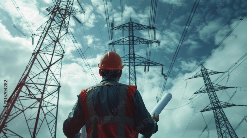 Poster worker in safety helmet and blueprint beneath the towering framework of power lines