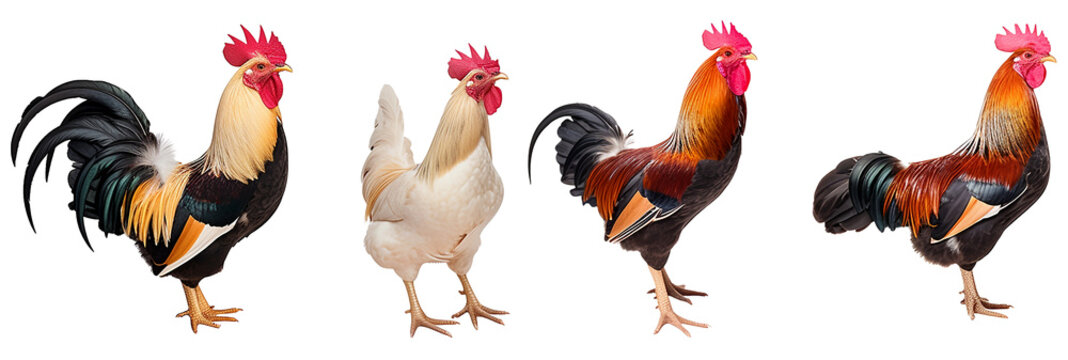 Group of roosters in different poses isolated on transparent background