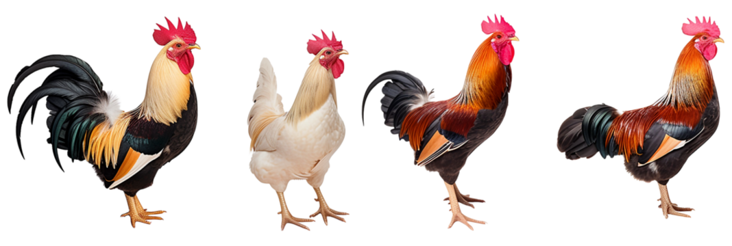 Group of roosters in different poses isolated on transparent background