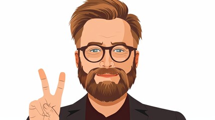 Confident adult Caucasian man making peace sign with hand