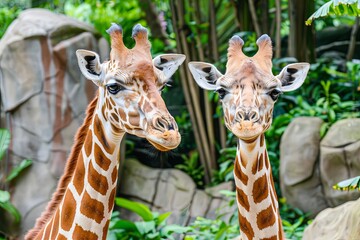 Two Giraffes with Warm Eyes Standing in Lush Greenery