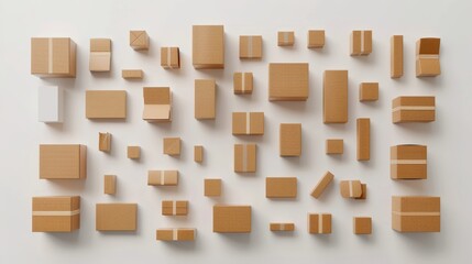 A 3D render of cardboard boxes isolated on white background with closed and open parcels, delivery cargo packages in top view. Realistic illustration.