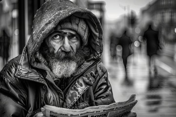 Elderly man reading newspaper on urban street