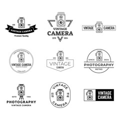 Set of Vintage Camera Photography Vector Label, Logo Template with Retro Typography.