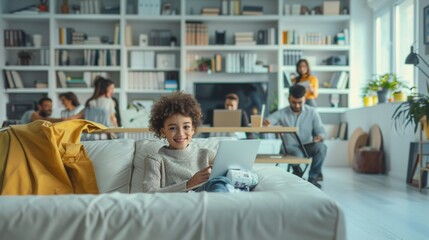 Obraz premium Curly-haired girl with laptop, smiling, comfortable home setting, casual learning or entertainment