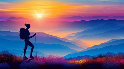 Obraz premium Silhouette of a hiker at sunrise in mountainous terrain